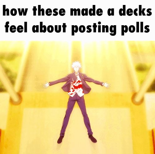 A Man In A Suit Is Laying On The Floor With The Words " How These Made A Decks Feel About Posting Polls " Above Him GIF