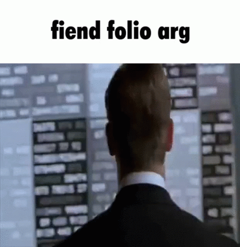 A Man In A Suit Is Looking Out A Window With The Words Fiend Folio Arg On The Bottom GIF