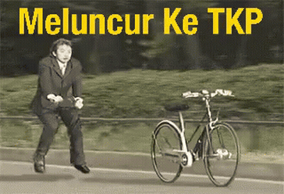 A Man In A Suit Is Pushing A Bicycle With The Words Meluncur Ke Tkp Written On The Bottom GIF