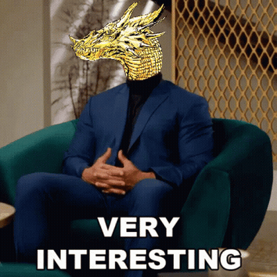 A Man In A Suit Is Sitting In A Chair With A Dragon On His Head And The Words " Very Interesting " Below Him GIF