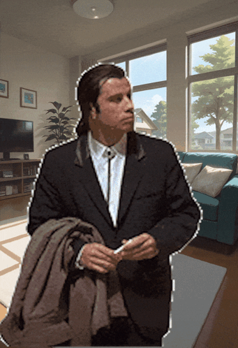 A Man In A Suit Is Standing In A Living Room With A Blue Couch GIF