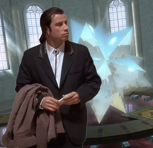 A Man In A Suit Is Standing In A Room With A Blue Star Behind Him GIF