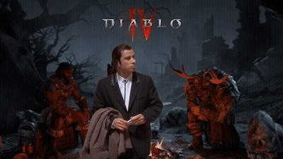 A Man In A Suit Is Standing In Front Of A Diablo Iv Poster GIF