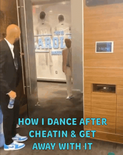 A Man In A Suit Is Standing In Front Of A Glass Door That Says How I Dance After Cheatin And Get Away With It GIF