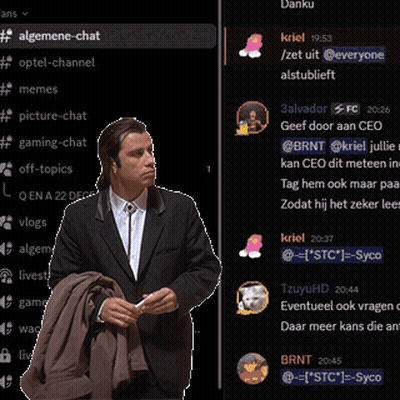 A Man In A Suit Is Standing In Front Of A Screen That Says ' Afbeeldinge-Chat ' On It GIF