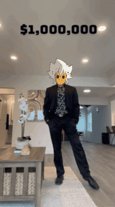 A Man In A Suit Is Standing In Front Of A Sign That Says $ 1,100,000 GIF