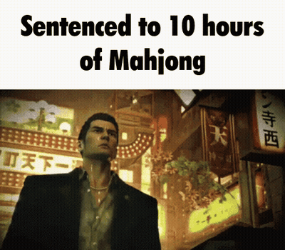 A Man In A Suit Is Standing In Front Of A Sign That Says " Sentenced To 10 Hours Of Mahjong " GIF