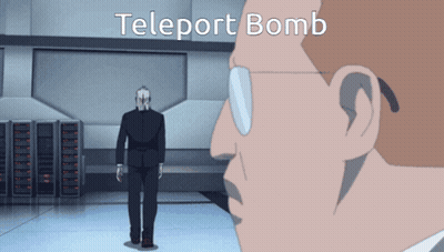 A Man In A Suit Is Standing In Front Of A Teleport Bomb Sign GIF