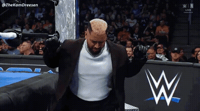A Man In A Suit Is Standing In Front Of A Wwe Sign GIF