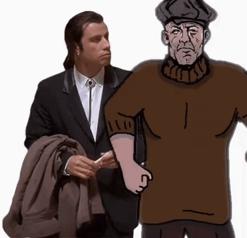 A Man In A Suit Is Standing Next To A Man In A Sweater . GIF