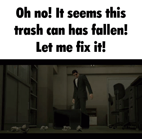 A Man In A Suit Is Standing Next To A Pile Of Trash That Says Oh No It Seems This Trash Can Has Fallen GIF