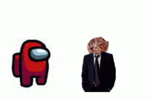 A Man In A Suit Is Standing Next To A Red Among Us Character Holding A Cup . GIF