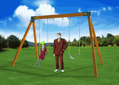 A Man In A Suit Is Standing Next To A Swing Set With A Child On It GIF