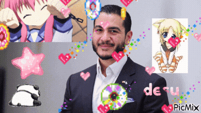 A Man In A Suit Is Surrounded By Anime Characters And Hearts And The Word Picmix Is On The Bottom GIF