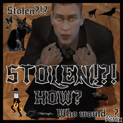 A Man In A Suit Is Surrounded By Black Cats And A Poster That Says ' Stolen ! ' GIF