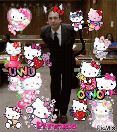 A Man In A Suit Is Surrounded By Hello Kitty Stickers Including One That Says Princess GIF