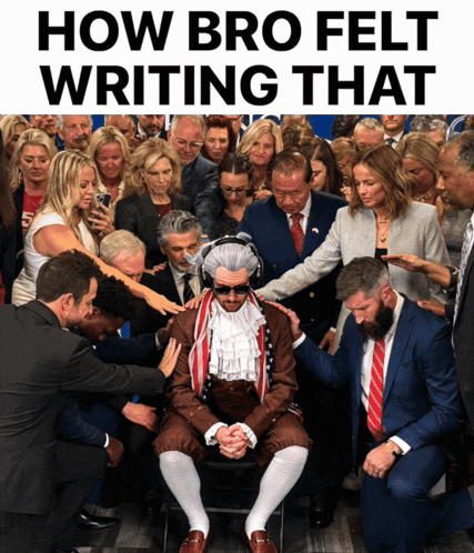 A Man In A Suit Is Surrounded By People With The Words How Bro Felt Writing That On The Bottom GIF