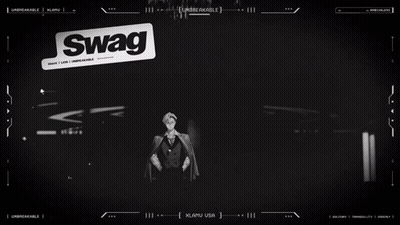 A Man In A Suit Is Surrounded By Stickers That Say Swag And Swag GIF