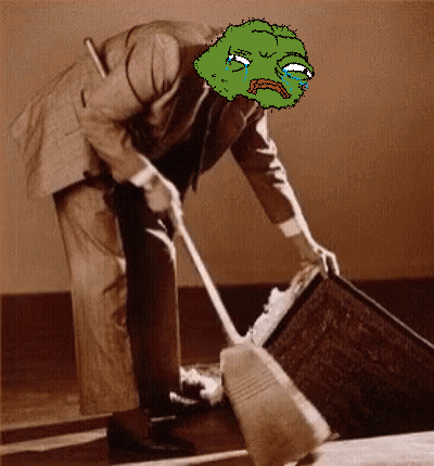 A Man In A Suit Is Sweeping The Floor With A Cartoon Face On His Face GIF