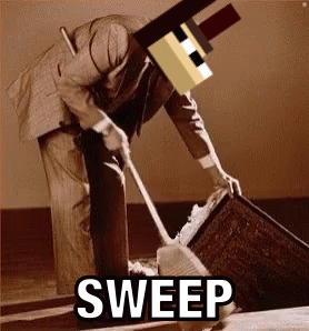 A Man In A Suit Is Sweeping The Floor With The Word Sweep Written Below Him GIF