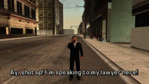 A Man In A Suit Is Talking On A Cell Phone And Says " Ay Shut Up I 'M Speaking To My Lawyer Here GIF