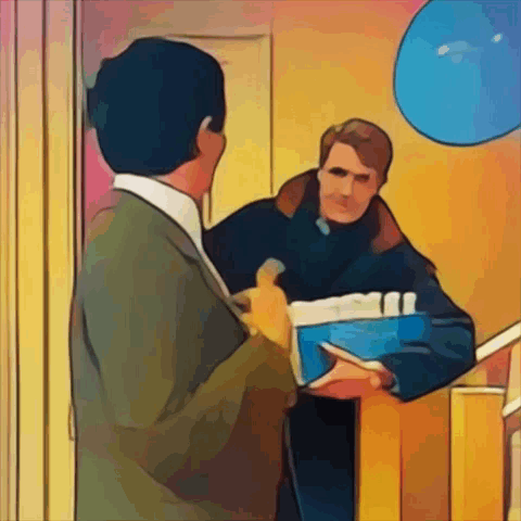 A Man In A Suit Is Talking To Another Man Holding A Book GIF