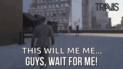 A Man In A Suit Is Walking Down A Street And Says This Will Me Me Guys Wait For Me GIF