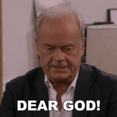 A Man In A Suit Says Dear God In White Letters GIF