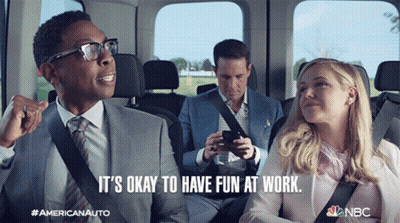 A Man In A Suit Says It 'S Okay To Have Fun At Work While Sitting In A Car GIF