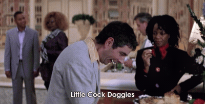 A Man In A Suit Says Little Cock Doggies In Front Of A Group Of People . GIF