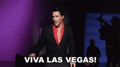 A Man In A Suit Says Viva Las Vegas In Front Of A Crowd GIF