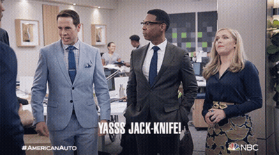 A Man In A Suit Says Yasss Jack-Knife In An Office GIF