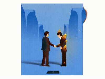 A Man In A Suit Shakes Hands With Another Man In A Suit That Is On Fire GIF
