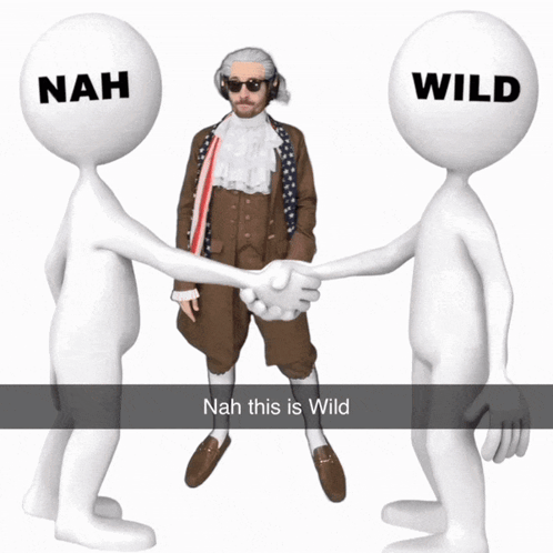 A Man In A Suit Shakes Hands With Two Other People With The Words Nah And Wild On Their Heads GIF