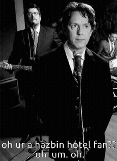 A Man In A Suit Singing Into A Microphone With The Words Oh Ur A Hazbin Hotel Fan Below Him GIF