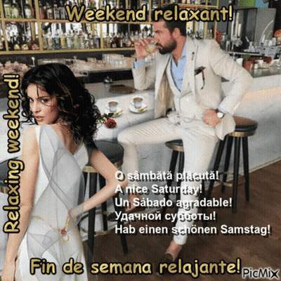 A Man In A Suit Sits At A Bar Next To A Woman In A White Dress And Says Weekend Relaxant GIF