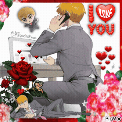 A Man In A Suit Sits At A Desk Talking On A Cell Phone With A Heart That Says I Love You GIF