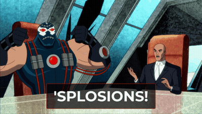 A Man In A Suit Sits At A Table Next To A Cartoon Character That Says Splosions GIF