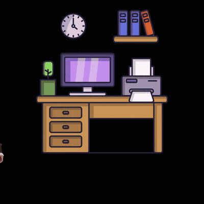 A Man In A Suit Sits In A Chair In Front Of A Desk With A Computer And A Printer GIF
