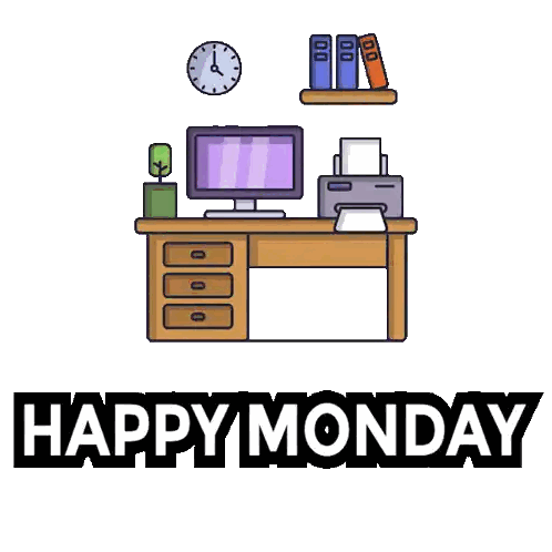 A Man In A Suit Sits In A Chair In Front Of A Desk With A Computer And Printer And The Word Monday Below Him Sticker