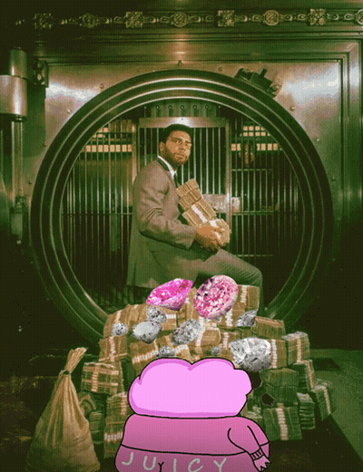 a man in a suit sits in a vault surrounded by lots of money