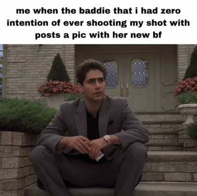A Man In A Suit Sits On The Steps Of A House With A Caption That Says Me When The Baddie That I Had GIF