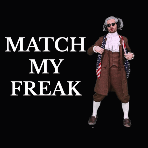 A Man In A Suit Stands In Front Of A Black Background With The Words Match My Freak GIF