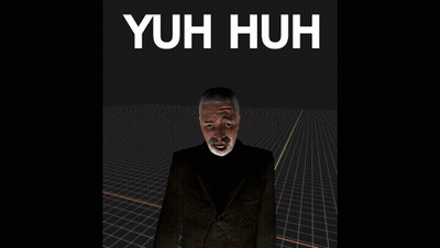 A Man In A Suit Stands In Front Of A Black Background With The Words Yuh Huh On It GIF