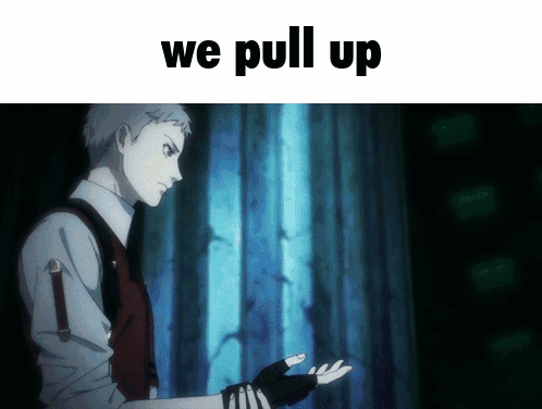 A Man In A Suit Stands In Front Of A Blue Wall With The Words We Pull Up Above Him GIF