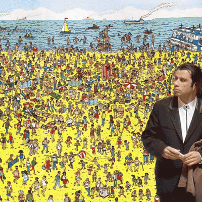 A Man In A Suit Stands In Front Of A Cartoon Of A Crowded Beach GIF
