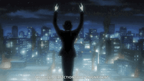 A Man In A Suit Stands In Front Of A City Skyline With His Hands In The Air GIF