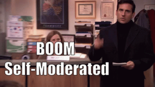 A Man In A Suit Stands In Front Of A Desk With The Words Boom Self-Moderated On The Bottom GIF