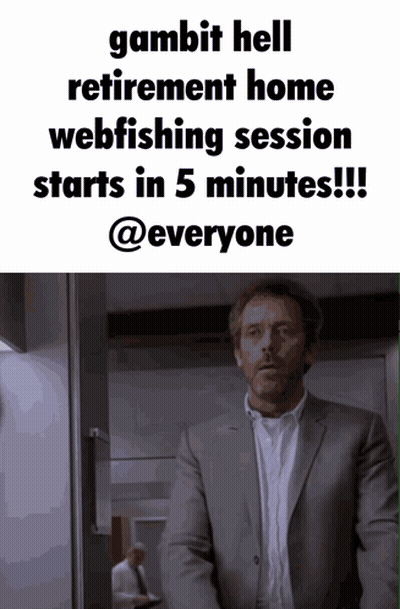 A Man In A Suit Stands In Front Of A Sign That Says Gambit Hell Retirement Home Webfishing Session Starts In 5 Minutes GIF