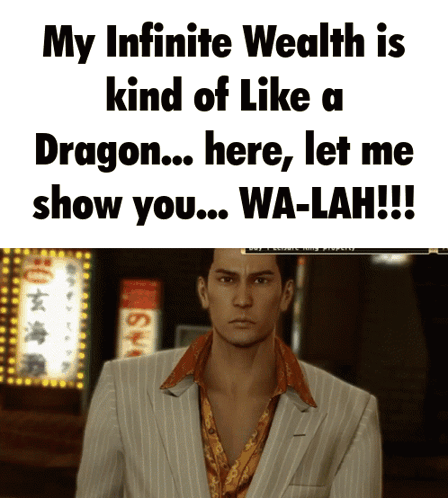 A Man In A Suit Stands In Front Of A Sign That Says My Infinite Wealth Is Kind Of Like A Dragon GIF